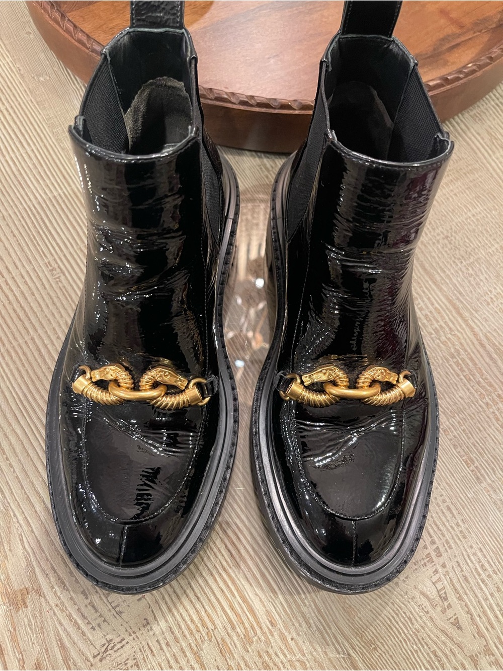 Tory Burch Women’s Black Patent Leather Boots with Gold Accent